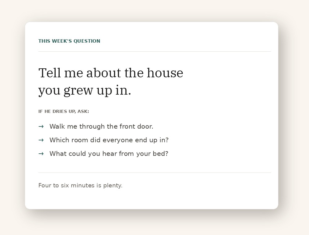 A question card: tell me about the house you grew up in